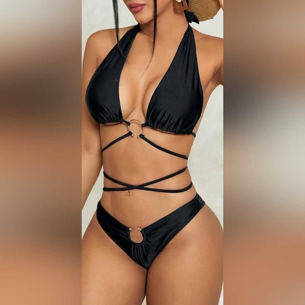 NEW‎ Sexy Whimsigoth Elegant Black Halter Wrap Swim Summer Bikini (#1,451)